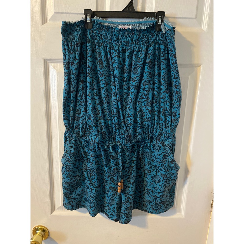 Xhilaration Teal Blue Black Damask Strapless Smocked Romper XL Pockets Summer